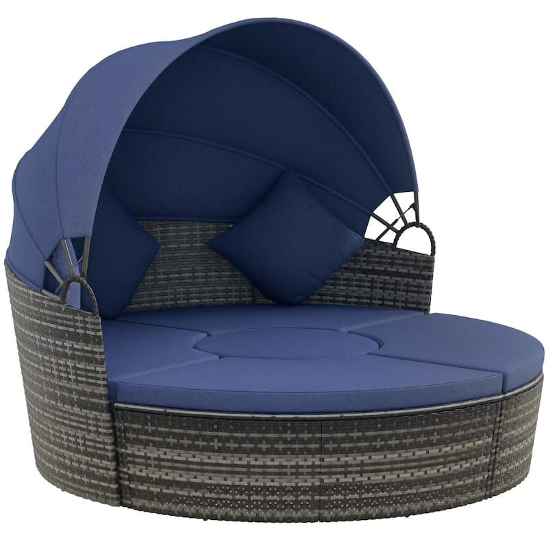 4PCS Rattan Furniture Set, Round Convertible Patio Daybed or Sunbed