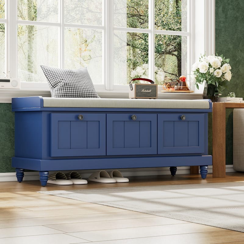 Classic Shoe Bench with Cushion and Three Drawers, Fluted Entryway Bench with Storage