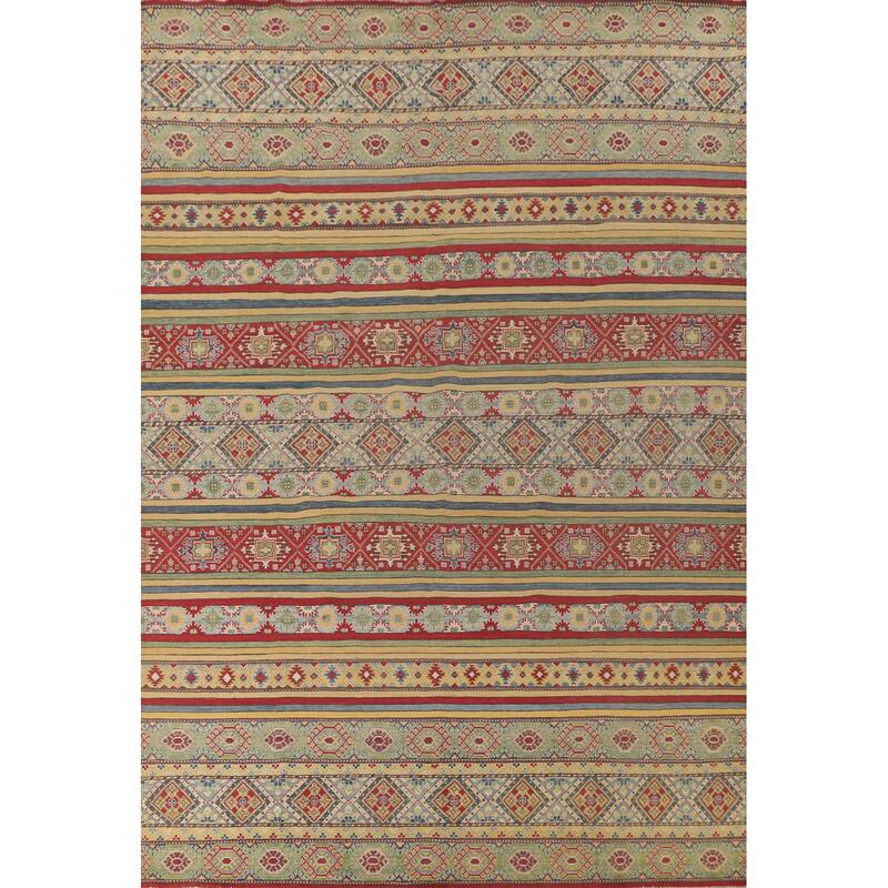 Striped Kazak Oriental Area Rug Hand-Knotted Wool Carpet - 9'10"x 13'2"
