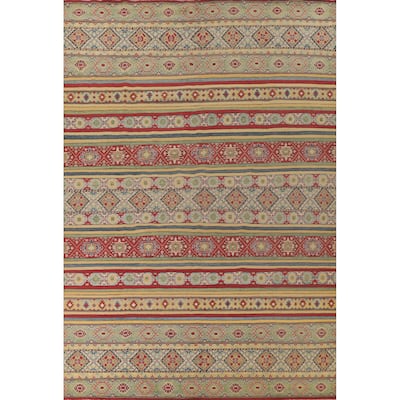 Striped Kazak Oriental Area Rug Hand-Knotted Wool Carpet - 9'10"x 13'2"