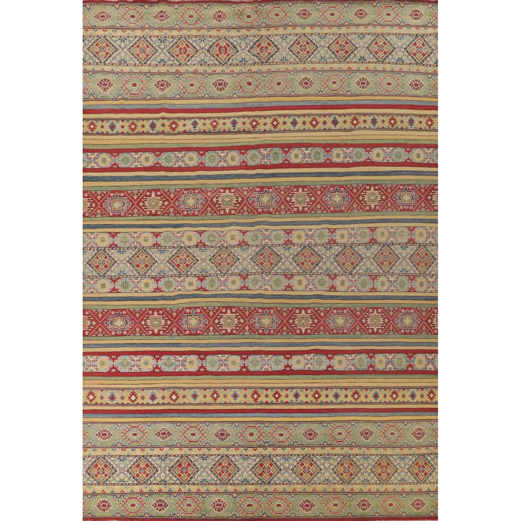 Striped Kazak Oriental Area Rug Hand-Knotted Wool Carpet - 9'10"x 13'2"