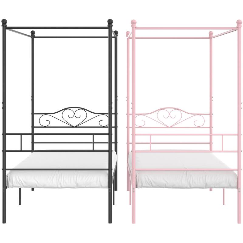 VECELO Twin Bed Set of 2 Canopy Bed Frame with Headboard and Footboard, Metal Four Posters Design - Black and Pink