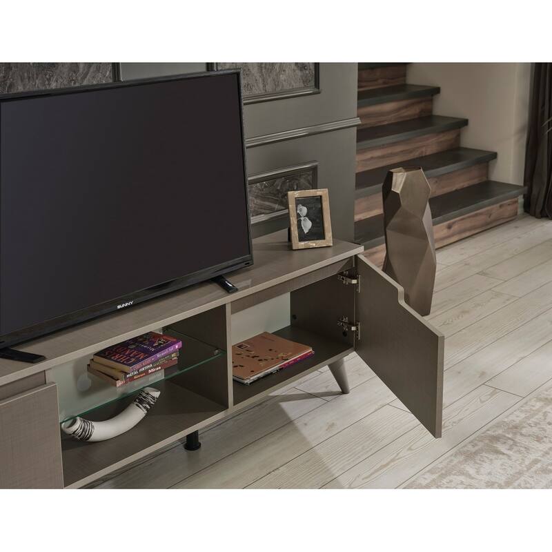 FurnisHome Store Luxia Mid Century Modern Tv Stand 2 Sliding Door Cabinet 2 Shelves 67 inch Tv Uni, White - Brown