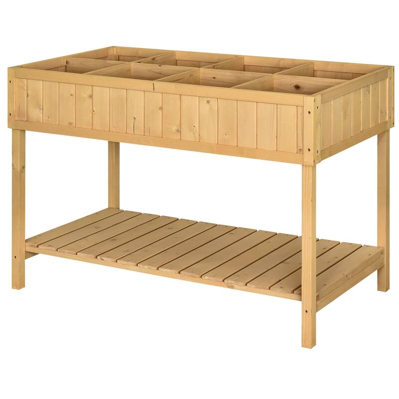 Raised Garden Bed with 8 Pockets and Shelf, Wooden Elevated Box with Legs to Grow Herbs, Vegetables, and Flowers, Natural