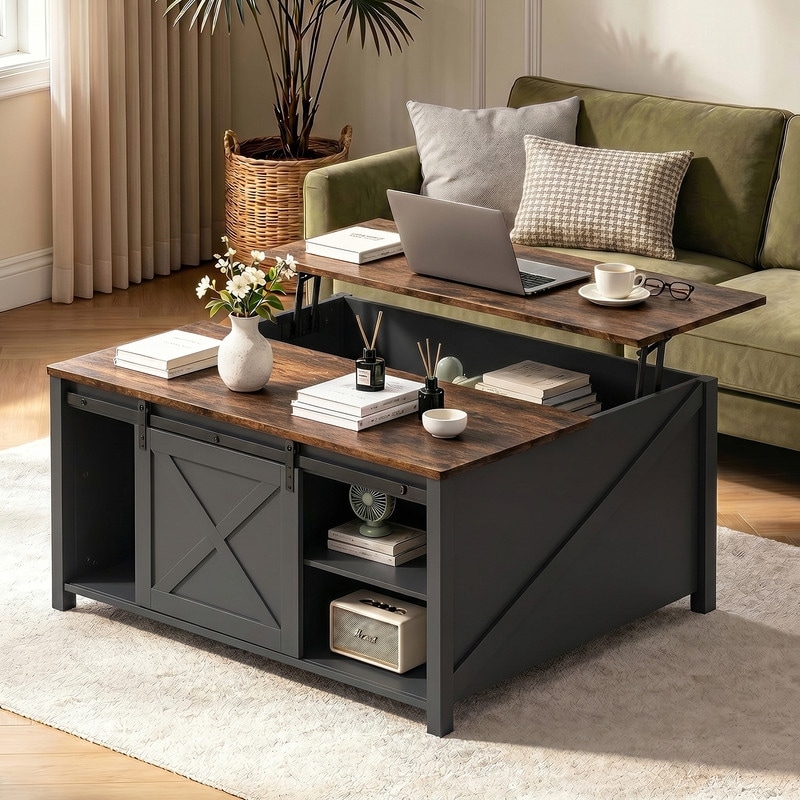 BOSSIN 31.5" Square Farmhouse Lift-Top Coffee Table - Wooden Living Room Center Table with Hidden Storage