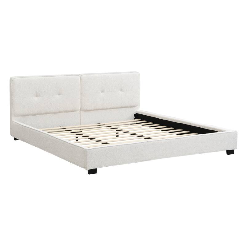King Size Boucle Bed Frames, Upholstered Platform Bed with Curved Tufted Headboard, Soft Square Corners, Beige