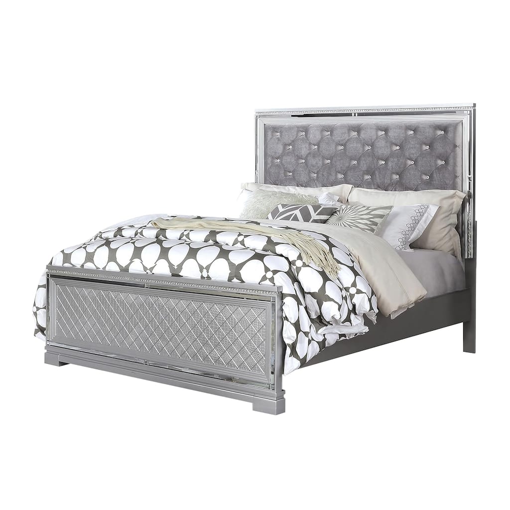 Fery Queen Size Bed, Gray Velvet Upholstery, Silver Mirror Accents