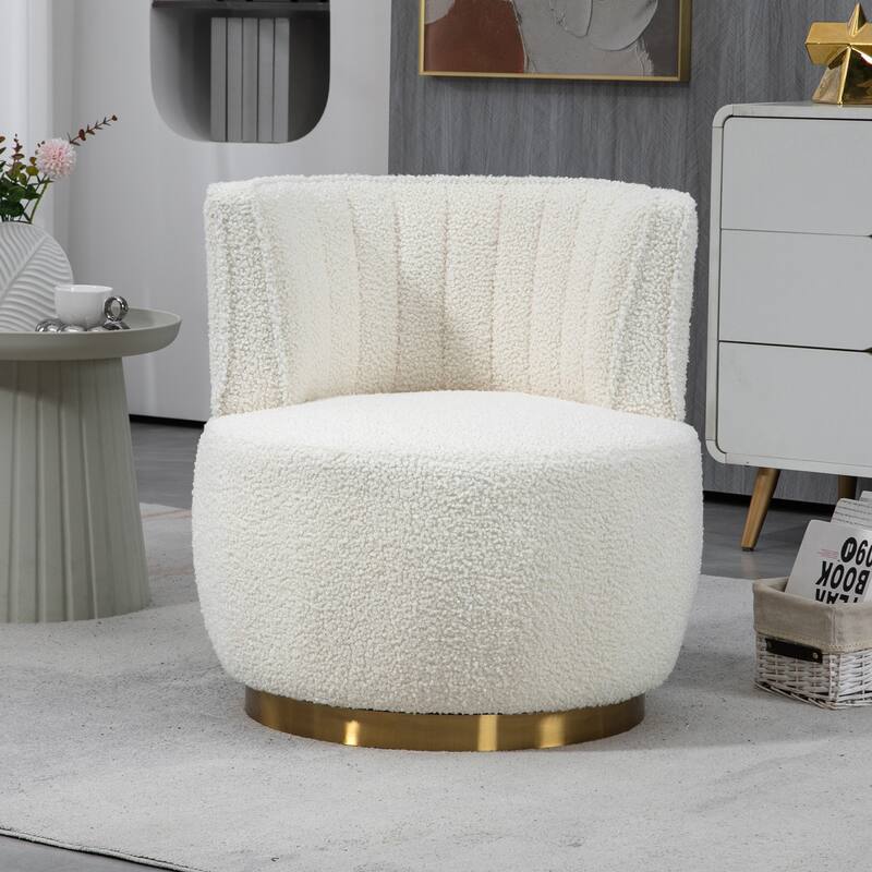 HOMEFUN Velvet Upholstered 360 Degree Swivel Armless Round Barrel Chairs - White+TeddyFabric