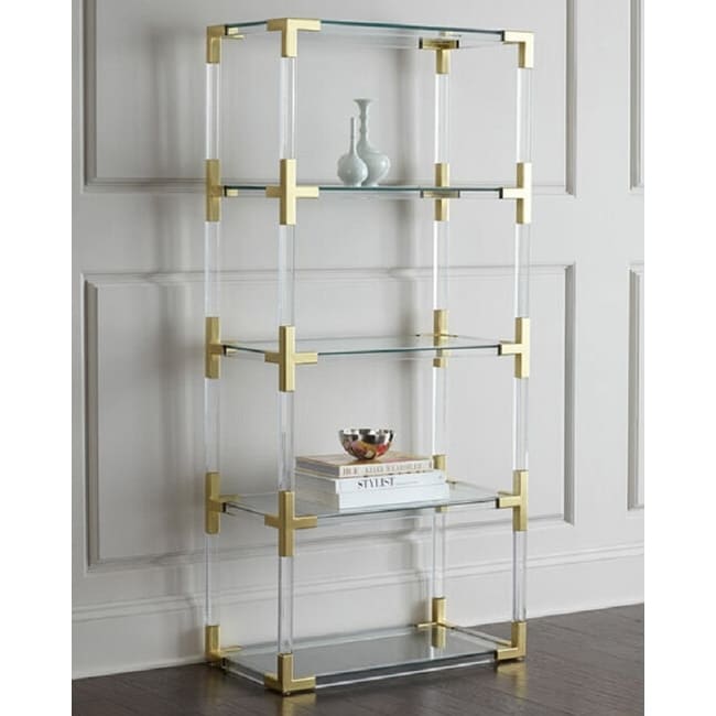 walnut Acrylic Bookshelf With Brass Details - 72 inchH x 30 inchW x 16 inchD