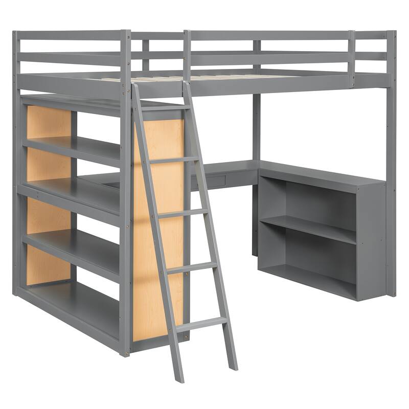 Full Size Loft Bed with Ladder, Shelves, and Study Desk in Gray