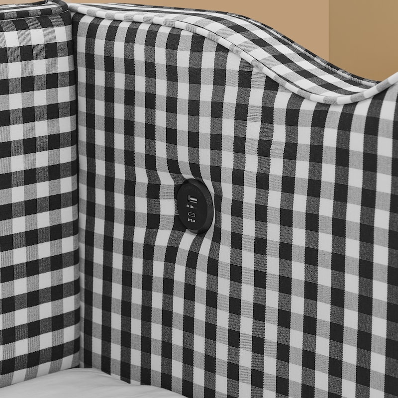 Cozy Gingham Daybed with Trundle Bed, Twin Size Upholstered Sofa Bed with USB Port, Linen Fabric Twin Sofa Bed Frame