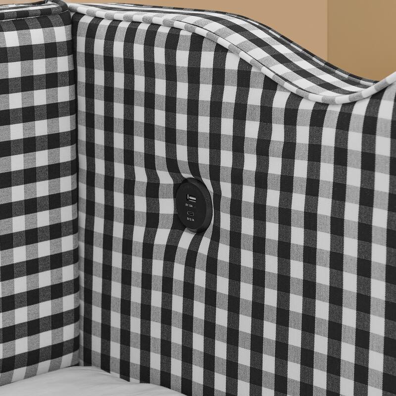Twin Gingham Daybed with Trundle - USB Ports, Wave Design, Linen Fabric, No Box Spring
