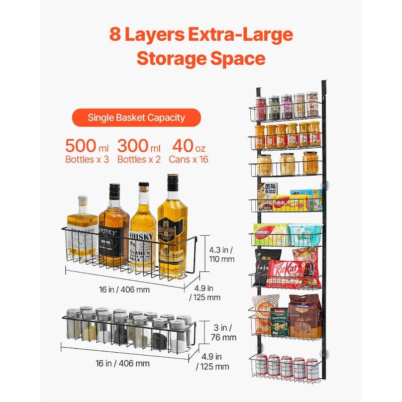 Pantry Organizer with Adjustable Baskets Wall Mount & Over Door Rack