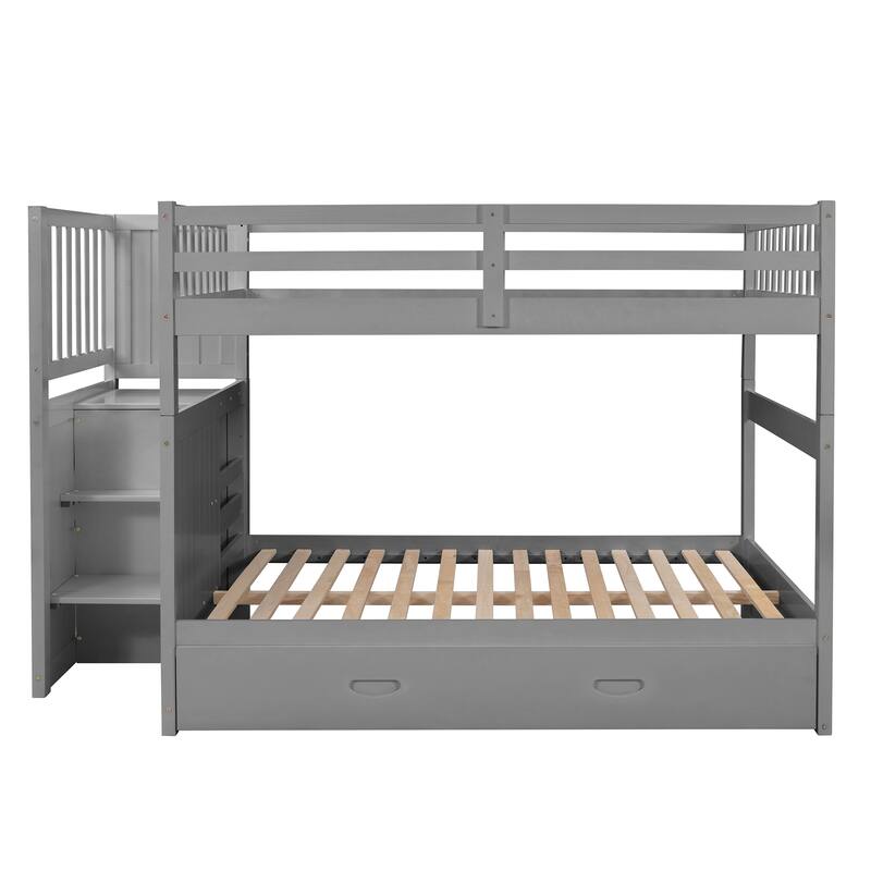 Full over Full Bunk Bed Built-in 4 Drawers and Twin Trundle Bed , Convertible Platform Bed, Daybed and Trundle Bed for Bedroom