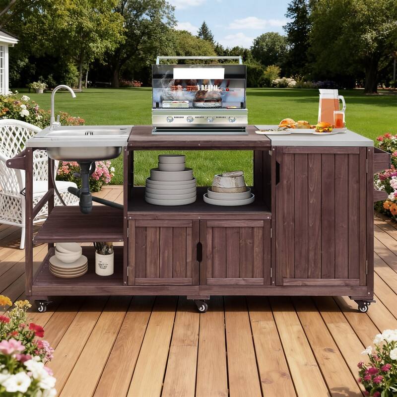 75.4" Rolling Outdoor Kitchen Island with Stainless Steel Top, Premium Solid Wood Grill Cart with Sink and Wheels for Outdoor - Brown