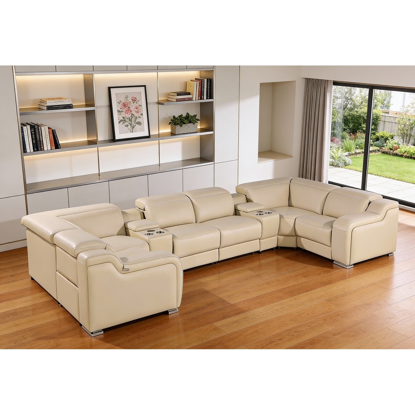 HomeRoots Beige Italian Leather Power Reclining U Shaped Eight Piece Corner Sectional With Console