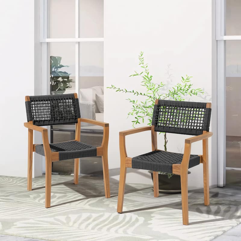 Set of 2 Modern Wood Armchairs with Woven Seats and Backs - Natural/Black