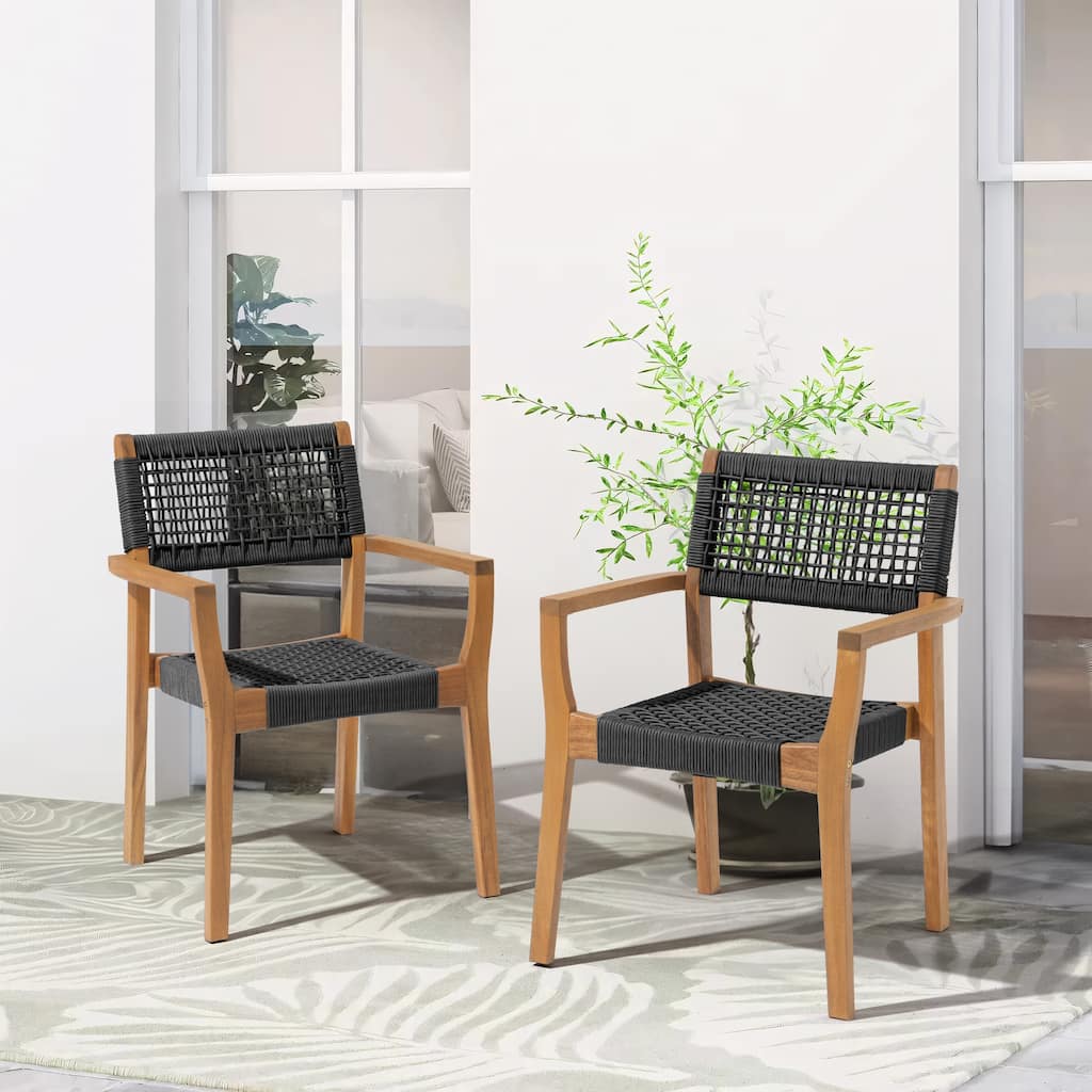 Set of 2 Modern Wood Armchairs with Woven Seats and Backs