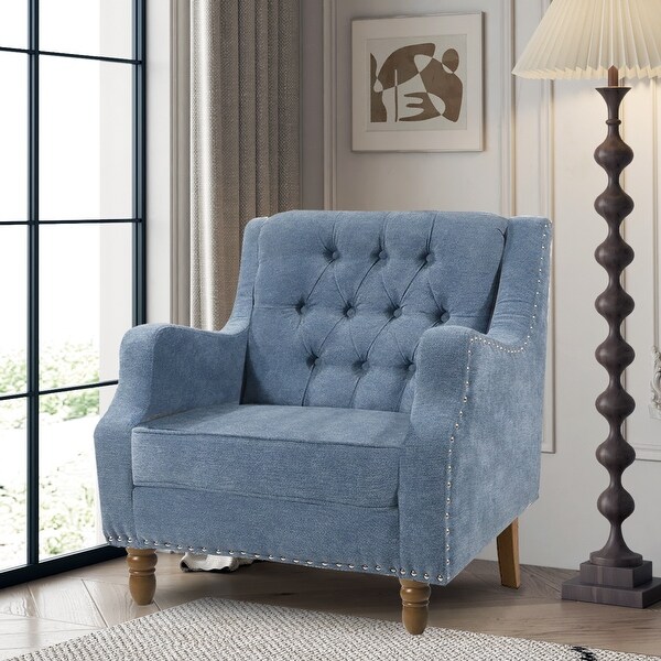 Blue Accent Chair with Vintage Brass Studs, Button Tufted