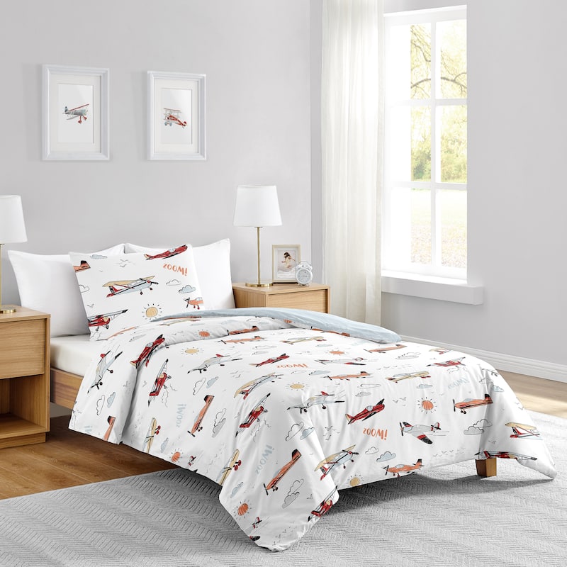 Vintage Airplane Boy 2pc Twin Comforter Set - Grey Yellow Orange Red White Blue Airplanes Air Plane Transportation Clouds Sky