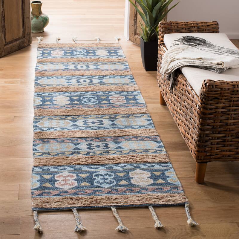 SAFAVIEH Handmade Saffron Selene Modern Tribal Cotton Rug - 2'3" x 8' Runner - Blue/Taupe