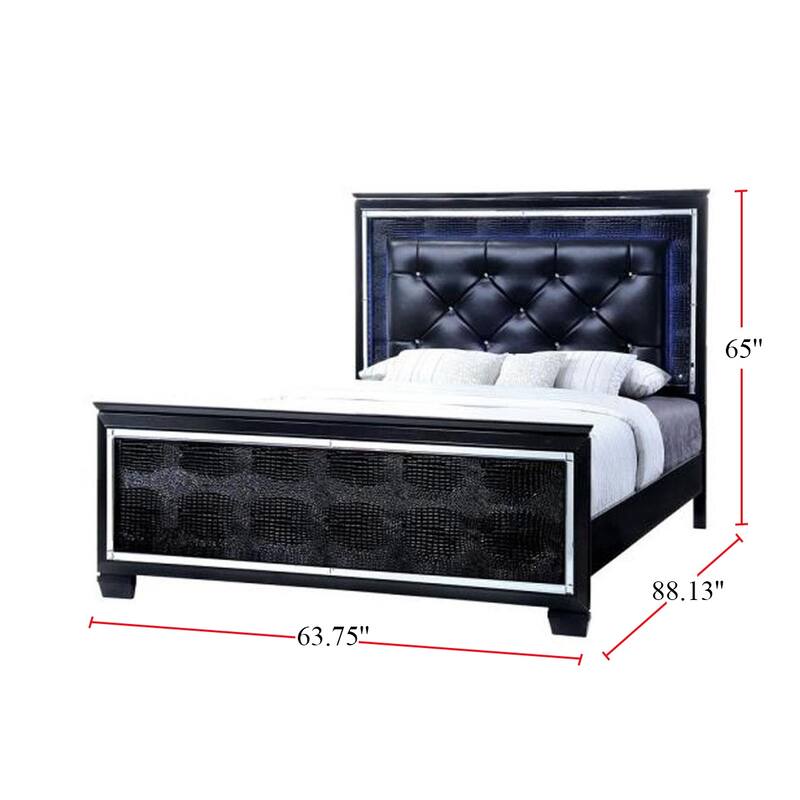 Black Tufted Platform Bed with LED Headboard, Queen Size