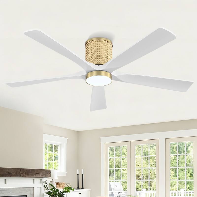 MLiAN 5 Solid Wood Blades Ceiling Fan with Lights Remote Control 6-Speed DC - 54'' - Gold/White