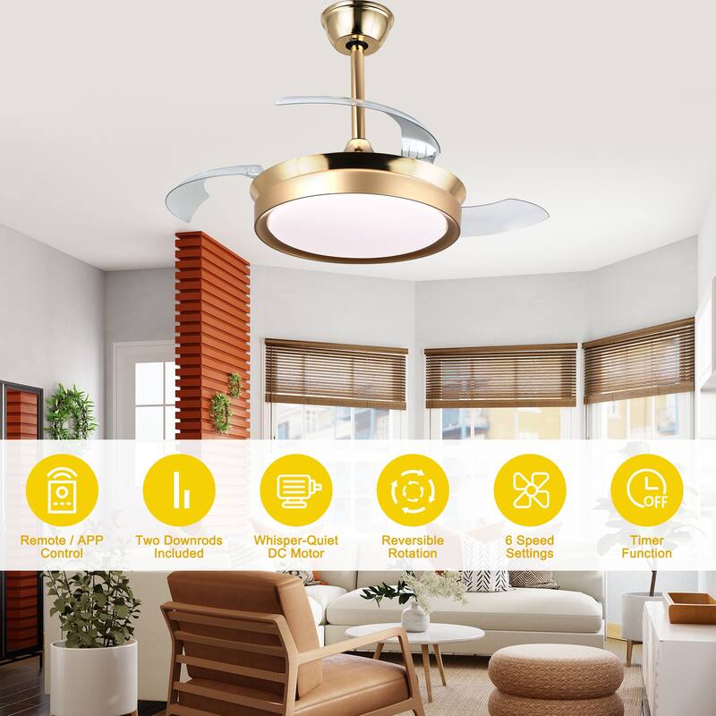 Oaks Aura Modern 36in. LED Light Memory Retractable Ceiling Fan with Light, 6-Speed,Dc Motor Technology, Remote Control