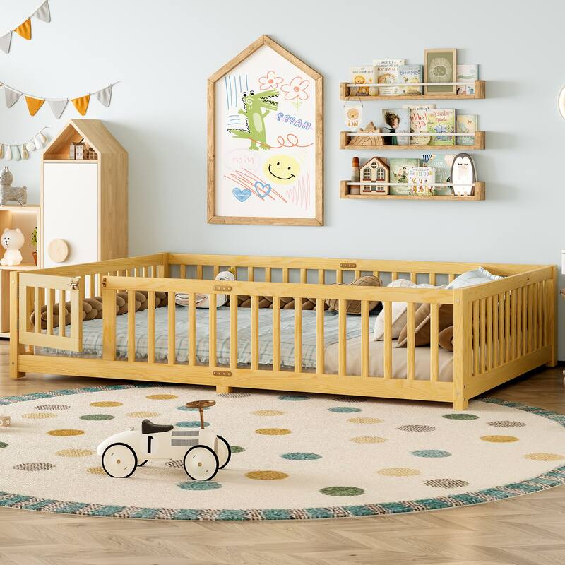 Queen Size Bed Floor Bed with Safety Guardrails and Door for Kids