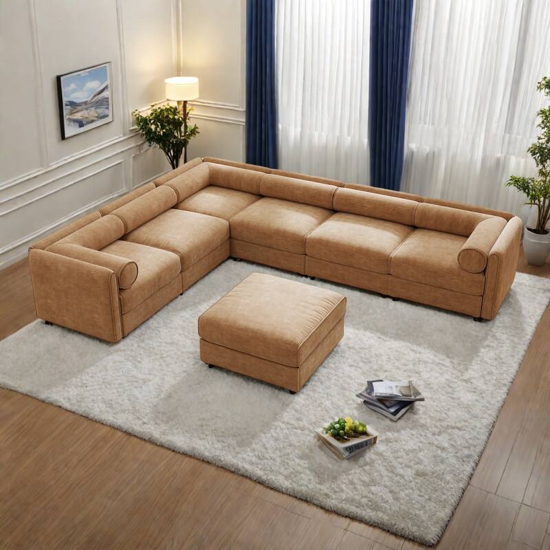 142.5" 6-Piece Modular Chenille Sectional Sofa with Storage(Contemporary Cylindrical Design) - Camel