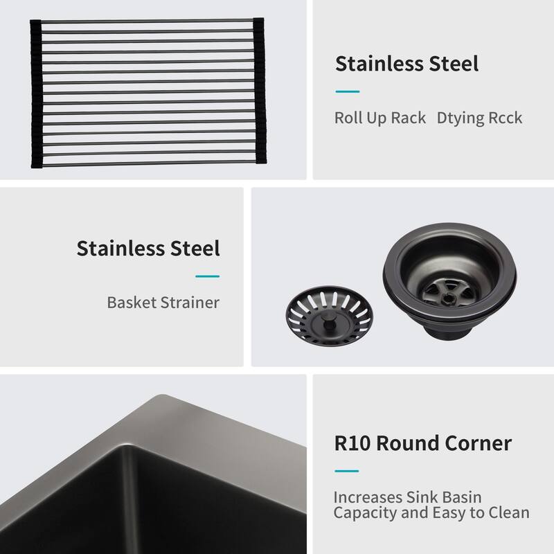 Drop-in 16 Gauge Single Bowl Stainless Steel Kitchen Sink in Gunmetal Black