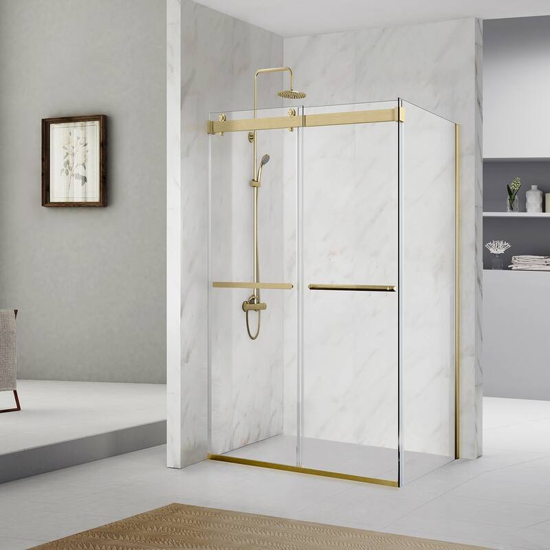 Spezia 56" W x 76" H Sliding Frameless Shower Enclosure,Brushed Gold