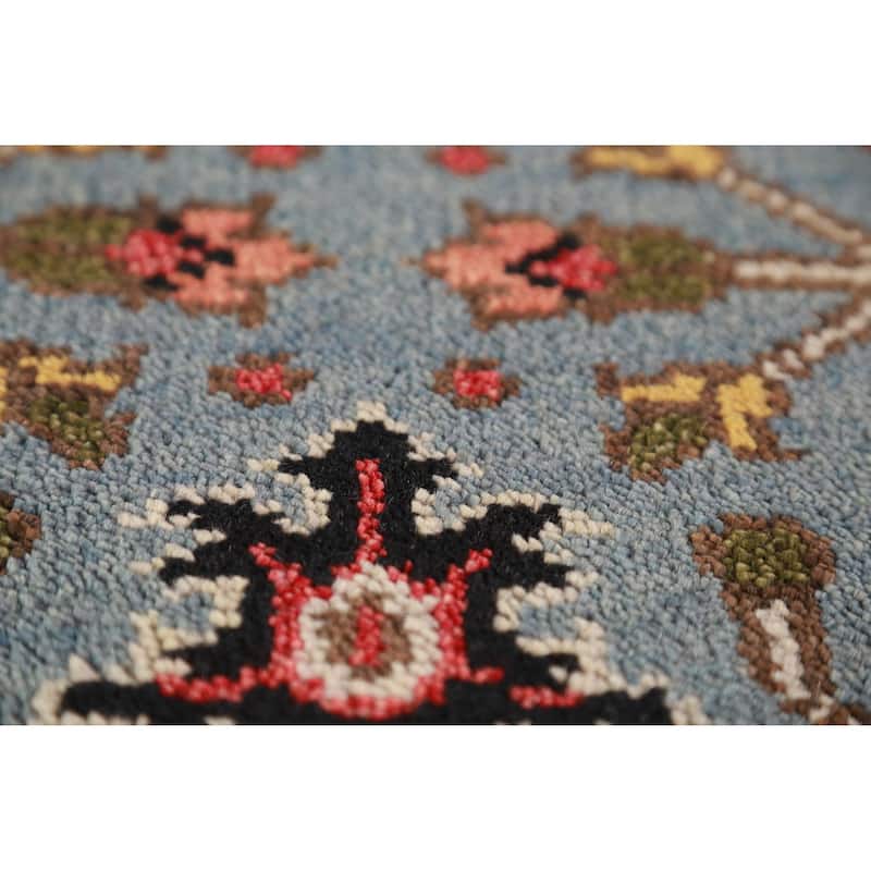 Hand Knotted Oriental 100% Wool Carpet Traditional Geometric Navy Blue & Blues Heriz (serapi) Runner Rug - 7' 11'' X 2' 7''