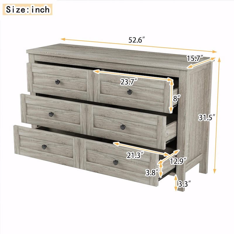 Retro Farmhouse Style Wooden Dresser with 6 Drawer