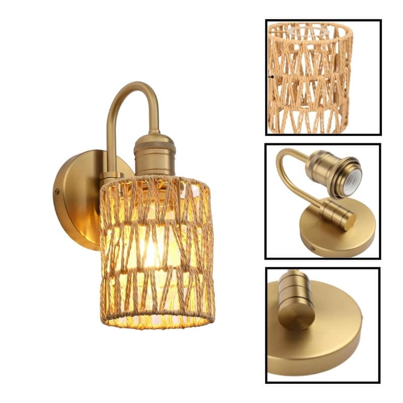 1 Light wall sconces gold wall lighting metal, rattan wall light fixture