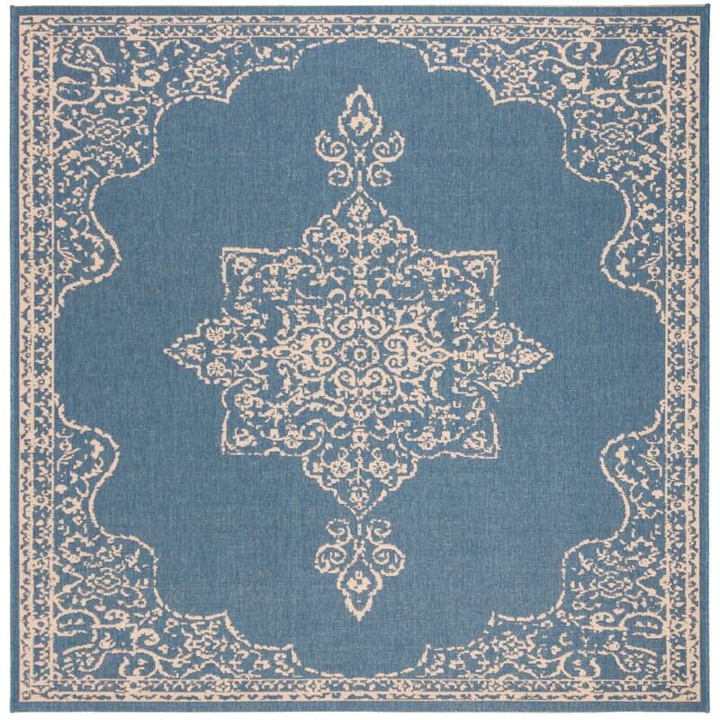 SAFAVIEH Linden Pascalle Indoor/ Outdoor Waterproof Patio Backyard Rug - 6'7" Square - Cream/Blue