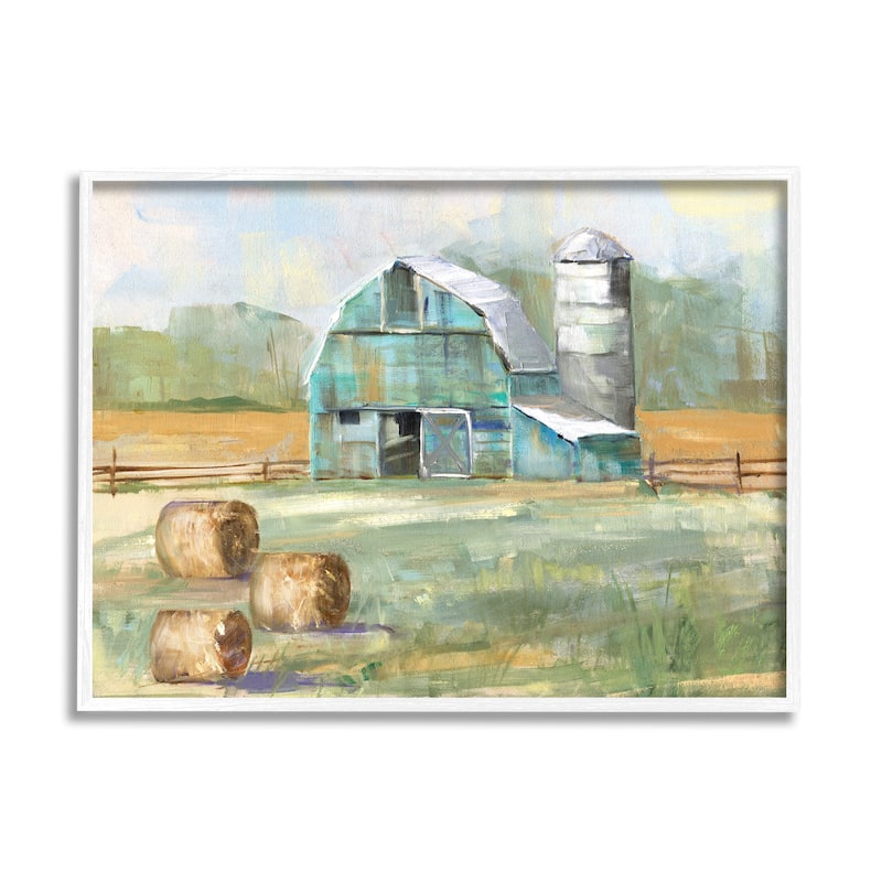Stupell Contemporary Blue Farm Barn Hay Bails Empty Field Framed Wall Art - 14 x 11 - White
