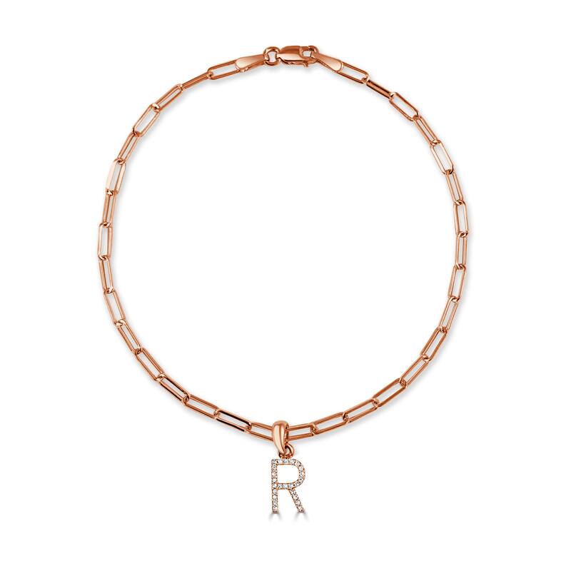 Joelle Collection Diamond Initial Letter A-Z Bracelet Paperclip 14K Gold 7" Chain 1/10 TDW Bracelet - R - Rose