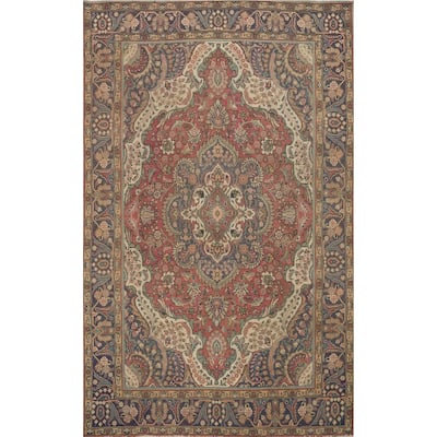 Hand Knotted Oriental 100% Wool Carpet Traditional Floral Pink Tabriz Area Rug - 9' 7'' X 6' 7''