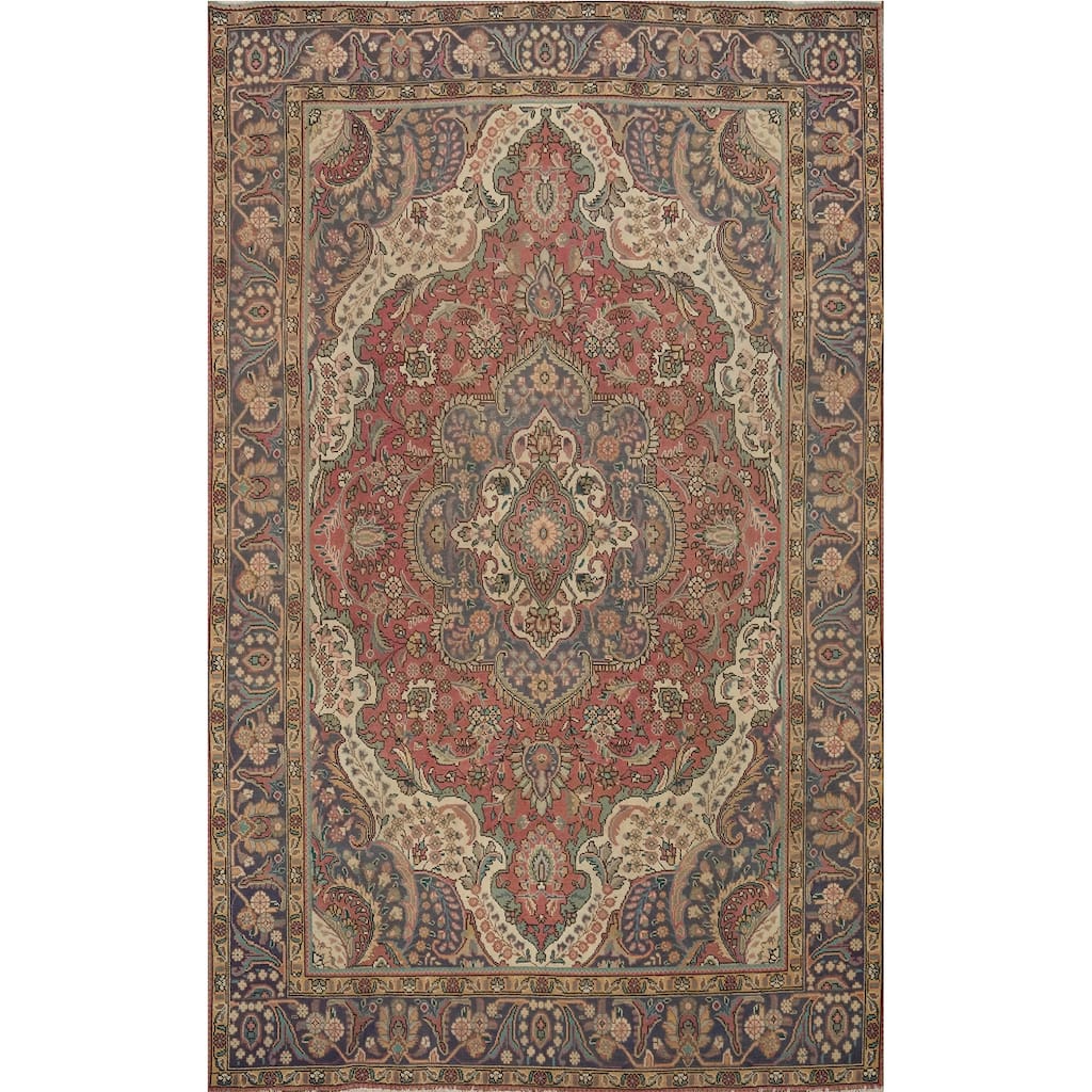 Hand Knotted Oriental 100% Wool Carpet Traditional Floral Pink Tabriz Area Rug - 9' 7'' X 6' 7''