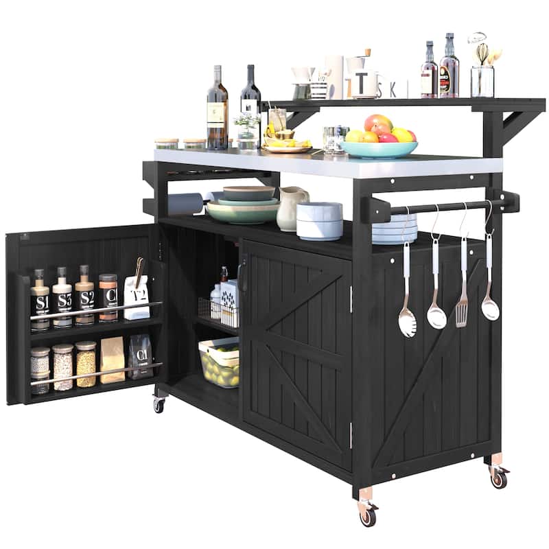 Anmytek 53.3" Outdoor Kitchen Island Grill Cart Stainless Steel Top Solid Wood Storage Black