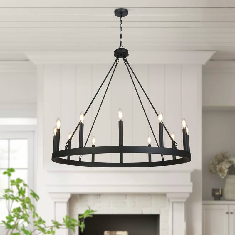 Modern Transitional Black 12-Light Wagon Wheel Chandelier for Living Dining Room - W39.4"*H36.6"