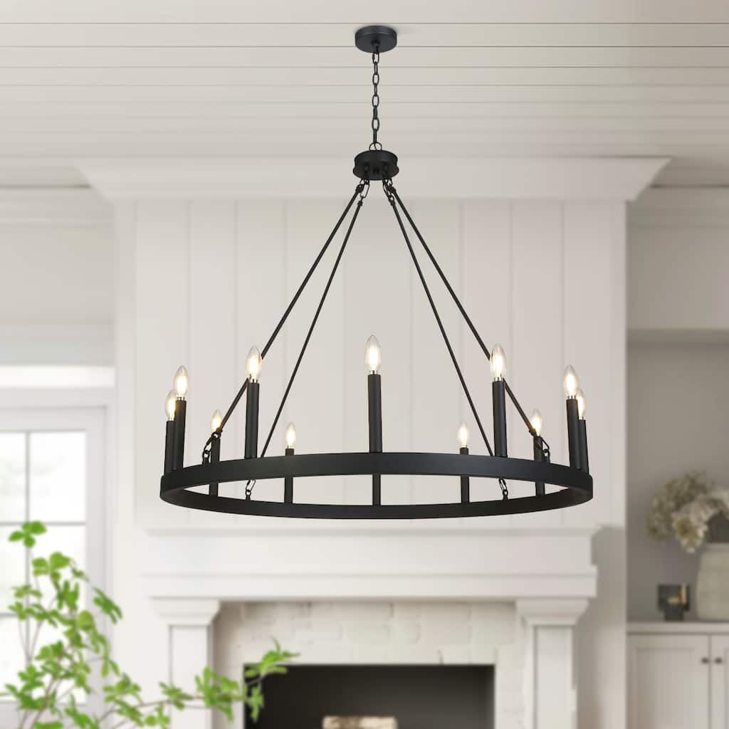 Modern Transitional Black 12-Light Wagon Wheel Chandelier for Living Dining Room - W39.4"*H36.6"
