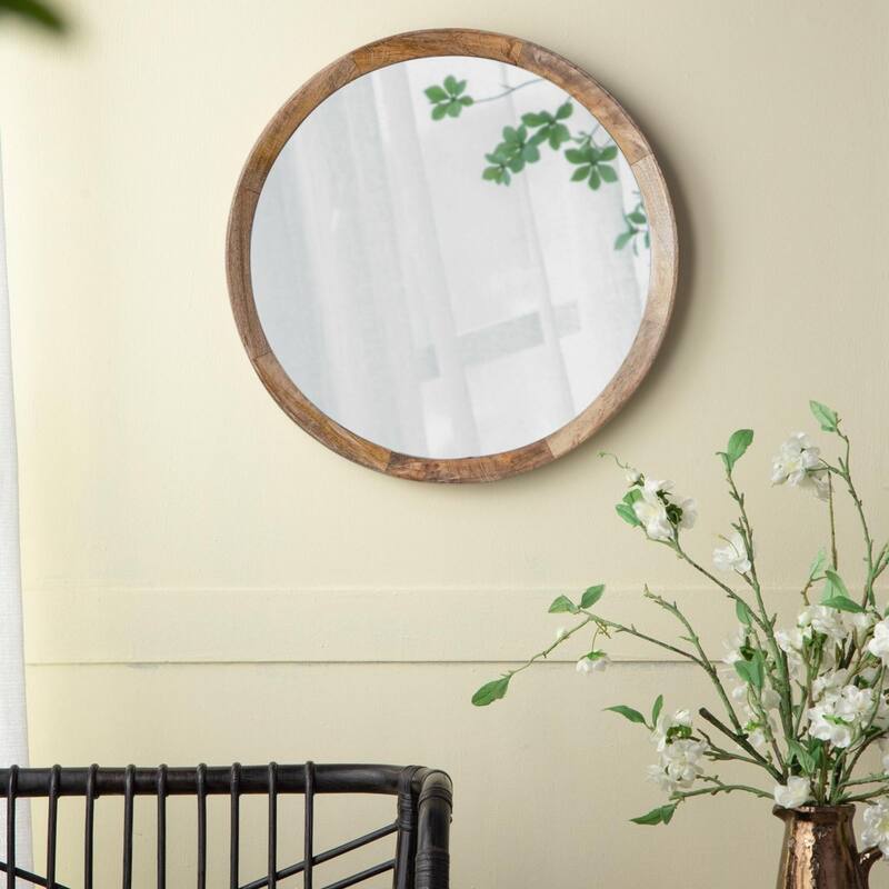 Round mirror with solid wood frame