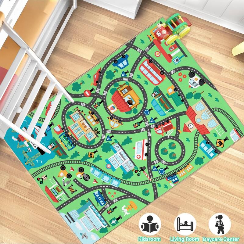Kids Play Rug, City Road, Vehicle Carpet Playmat Rug, Non Slip Educational Kids Area Rug for Playroom Nursery Toddler Room