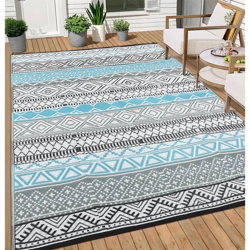 Outdoor Rug Waterproof Patio Rug Mat Geometric Rug Plastic Straw Outside Rug for RV Camping Picnic Reversible Rug - 5'x8' - Blue Gray