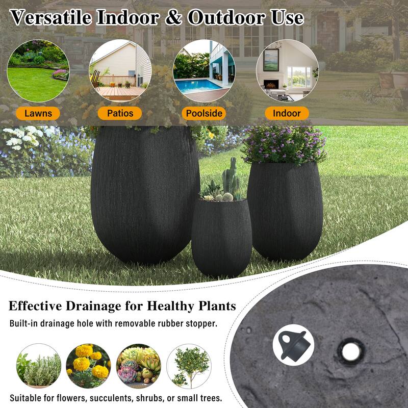 Egg-Shaped Lightweight MGO Outdoor Planter Set of 3,Modern Stone-Look Textured Flower Pots with Drainage Holes and Rubber Plug