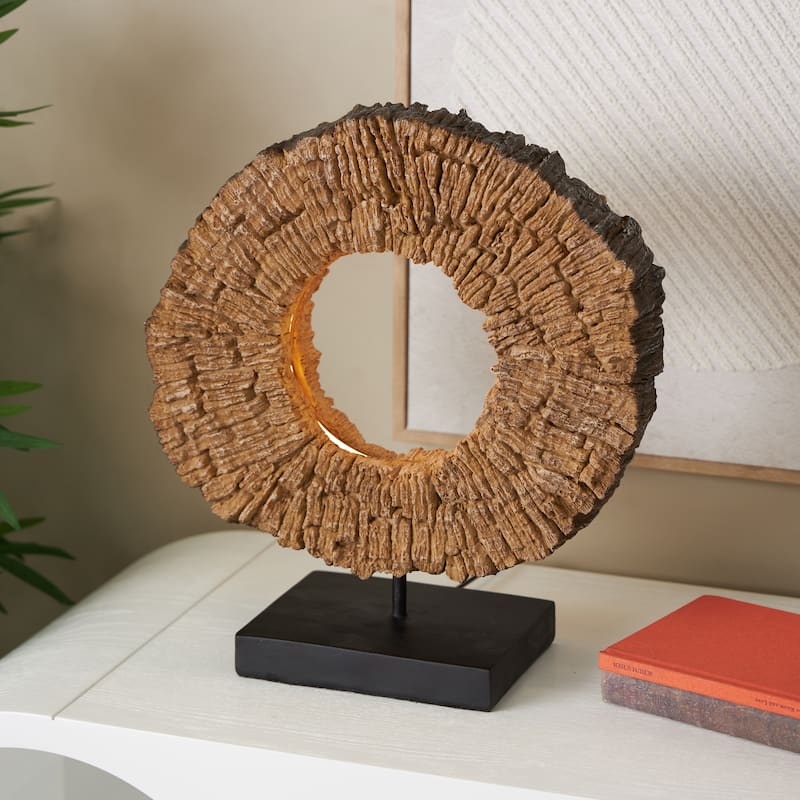 Resin or Polystone Live Edge Table Lamp with Round Cutout and Black Base - Brown - Roche River Decor