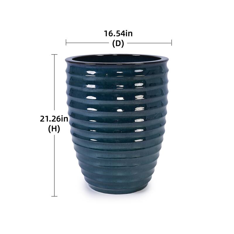 Handmade Ceramic Planter, 17 Inch Diameter, 1 Piece, Horizontal Ripples Pattern