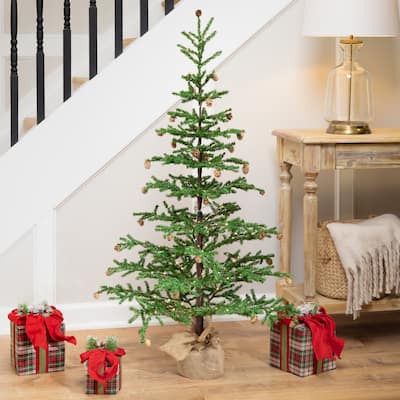 Pre-lit Christmas Tree with Pinecones and Burlap Base - 4' - Clear Lights - 4 Foot